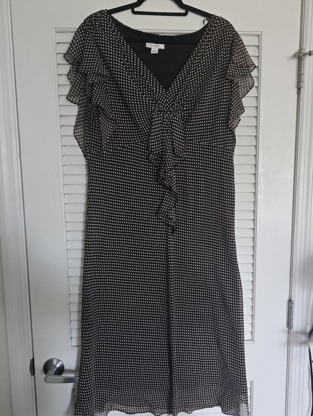 Dressbarn Brown and White Polka Dot Ruffle V-Neck Dress
